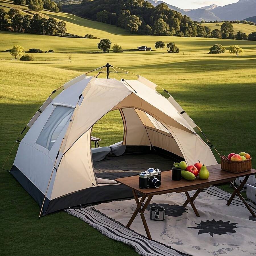 Travel Accessories You Need - 自動インスタントセットアップキャンプテント、1-3/3-4人用オールシーズンテント、デュアルドアとメッシュ窓付き、防風軽量グリーン/ベージュテント、キャンプ、ハイキング、狩猟、旅行、屋外シェルター、キャンパーアクセサリー、キャンプテント、ギフトに最適
