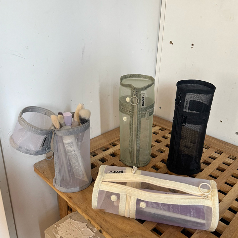 Travel Accessories Toiletries - ポータブルメッシュ両用メイクブラシ収納バッグ、大容量スタンドアップブラシバケットホルダー、シンプルなトラベルコスメポーチ