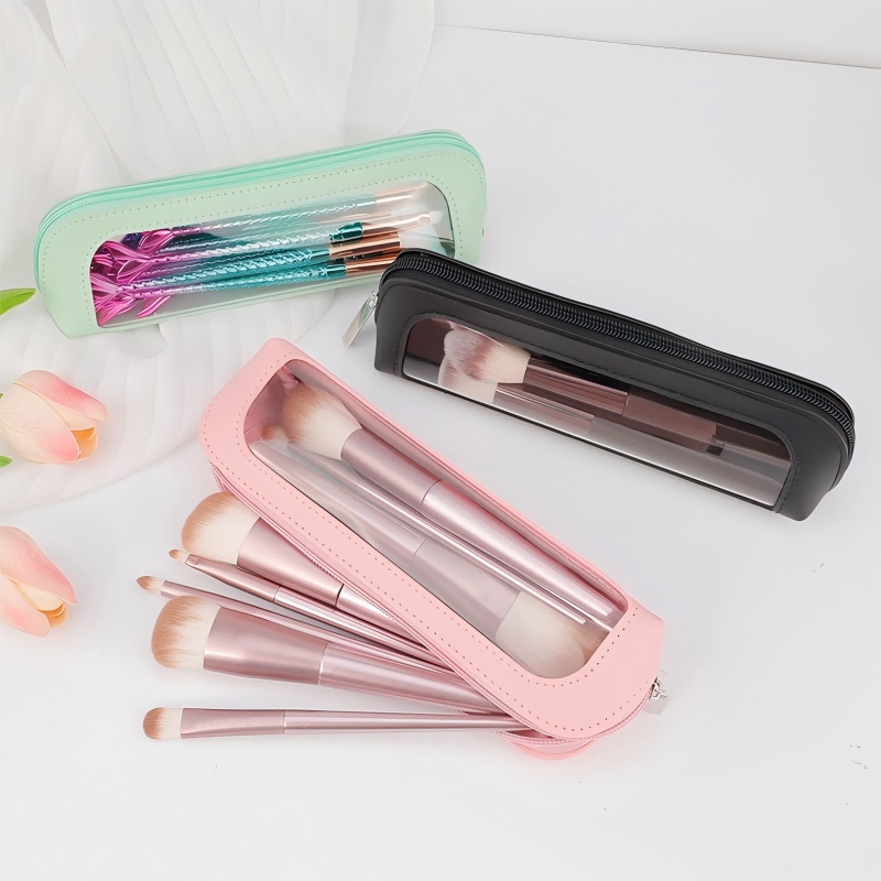 Travel Accessories Toiletries - 小型透明PUレザー製トラベルメイクアップバッグ、ポータブル防水コスメティックオーガナイザーポーチ（ジッパー付き）