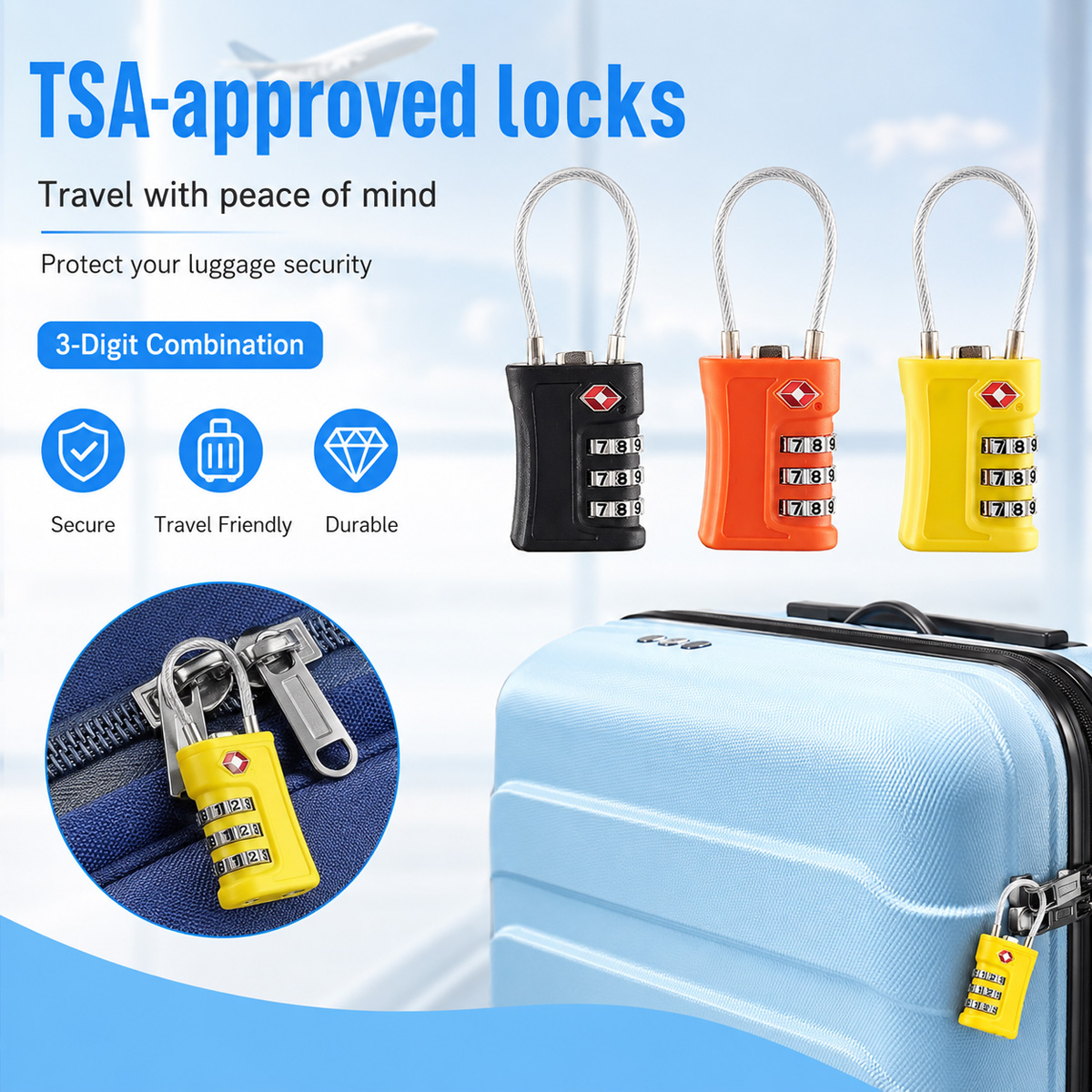 Cable Lock Combination - TSA承認済み荷物ロック 3桁コンビネーションケーブル南京錠 スーツケース、旅行バッグ、バックパック、ジムロッカー、ホームセキュリティ、ポータブル用