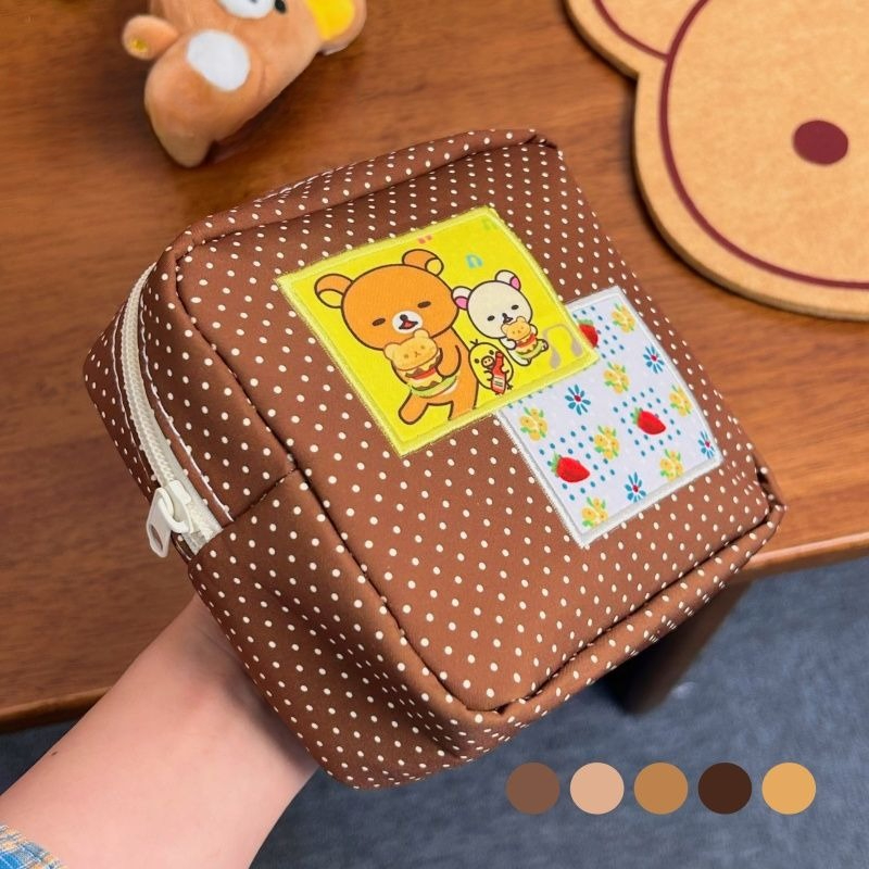 Travel Accessories Toiletries - かわいいリラックマブラウンポルカドット化粧品バッグかわいいクマのパッチプリントジッパー収納ポーチ大容量旅行用化粧バッグ