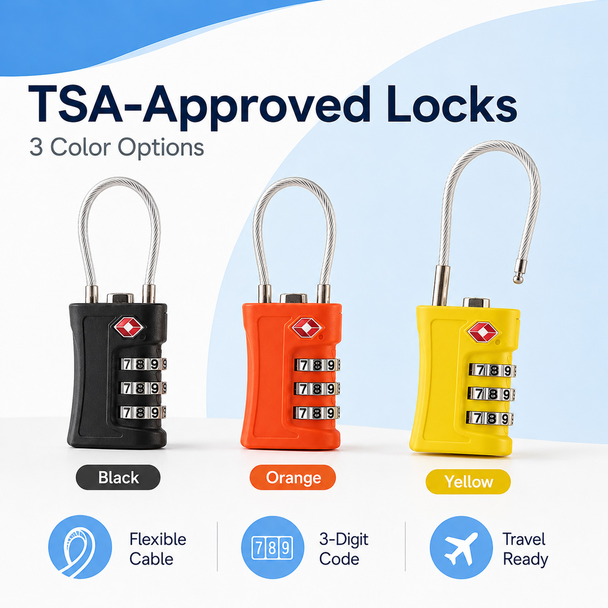 TSA承認済み荷物ロック 3桁コンビネーションケーブル南京錠 - Cable Lock Combination のレビューと価格