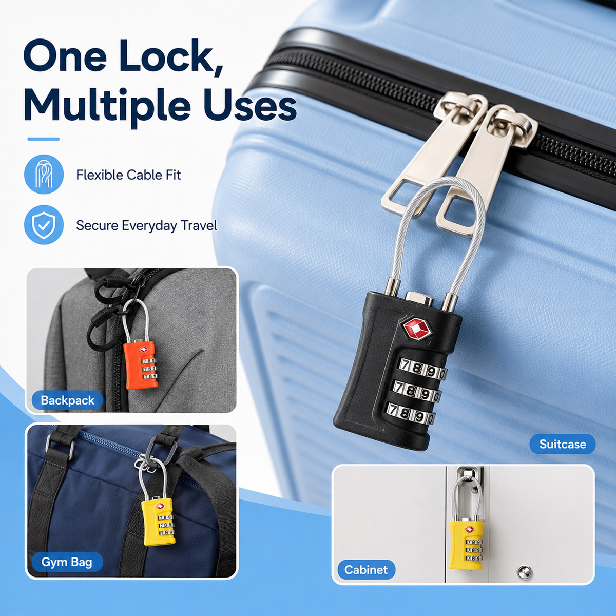 TSA承認済み荷物ロック 3桁コンビネーションケーブル南京錠 - Cable Lock Combination のレビューと価格