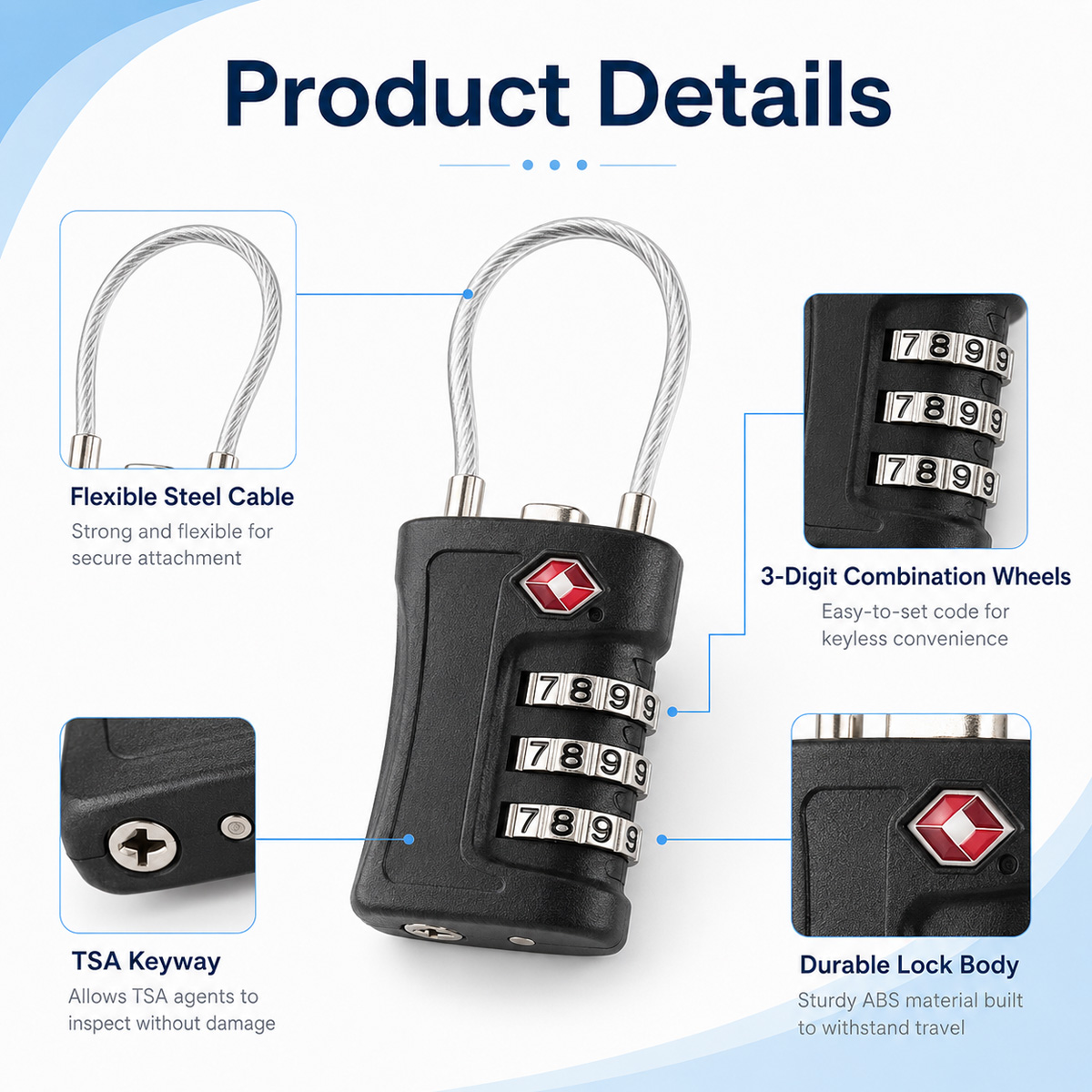 TSA承認済み荷物ロック 3桁コンビネーションケーブル南京錠 - Cable Lock Combination のレビューと価格