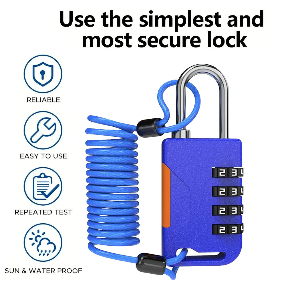 4桁のコンビネーション南京錠、格納式ケーブル付き、盗難防止税 - Cable Lock Combination のレビューと価格